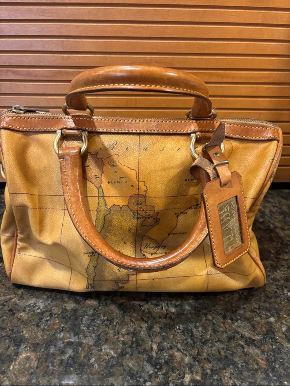 Alviero Martini Map-Print Leather Satchel in Cognac Brown